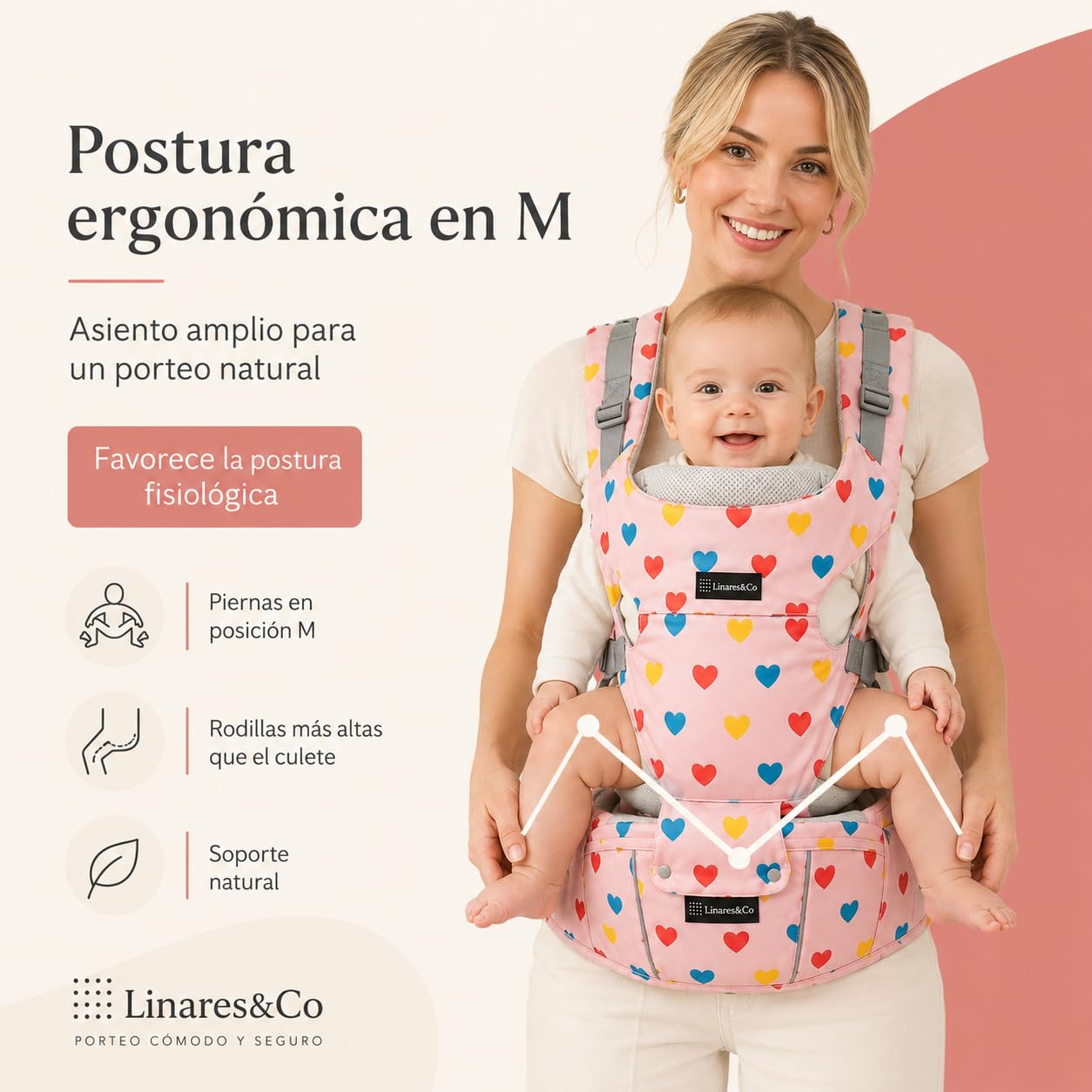 Linares&Co Mochila Portabebés Ergonómica 3-20 kg, Mochila de Porteo Bebé Ligera y Transpirable, Postura en M, Hebillas Clic, Lavable, Color Rosa