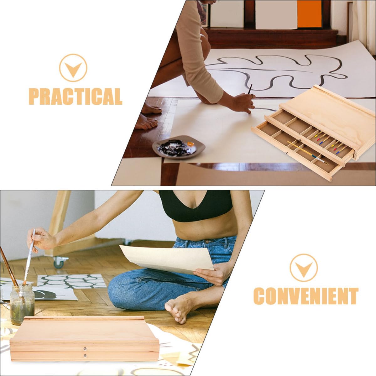 Holz Aufbewahrungsbox für Künstlerbedarf mit Doppelter Schublade Tragbarer Organizer für Malstifte und Bastelmaterial für Outdoor und Atelier