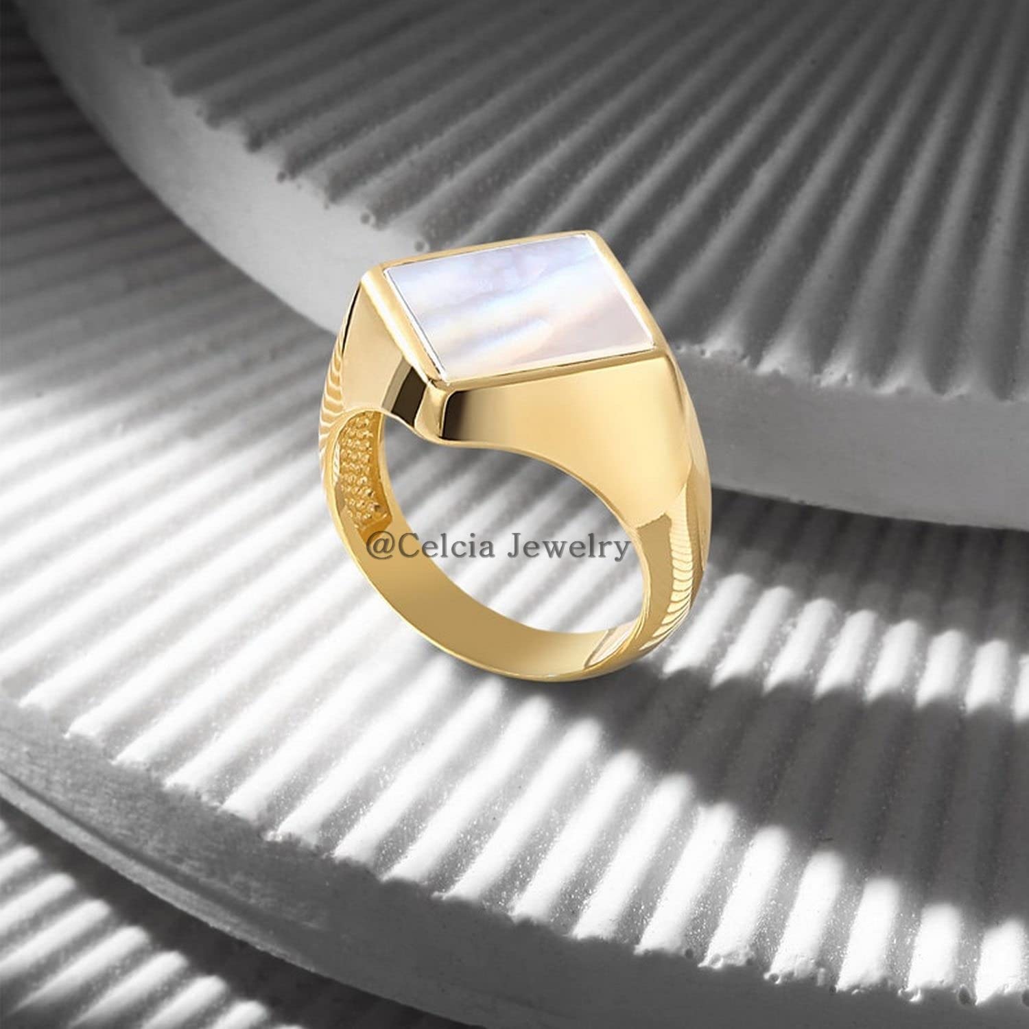 Anillo cuadrado plano con piedras preciosas de color blanco perla natural, oro sobre plata de ley 925, joyería hermosa, regalos de cumpleaños para hombres, regalos de aniversario