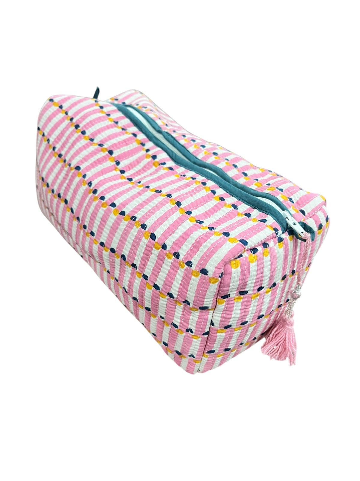 Jaipur Textiles, Hand Block Printed Cotton wash Bags, Toiletry Bags, Cosmetic Pouches, Makeup Kit, Travel Pouches, Vanity Bags| Qty - Set of 2PCS, Pink Stripe-image-10