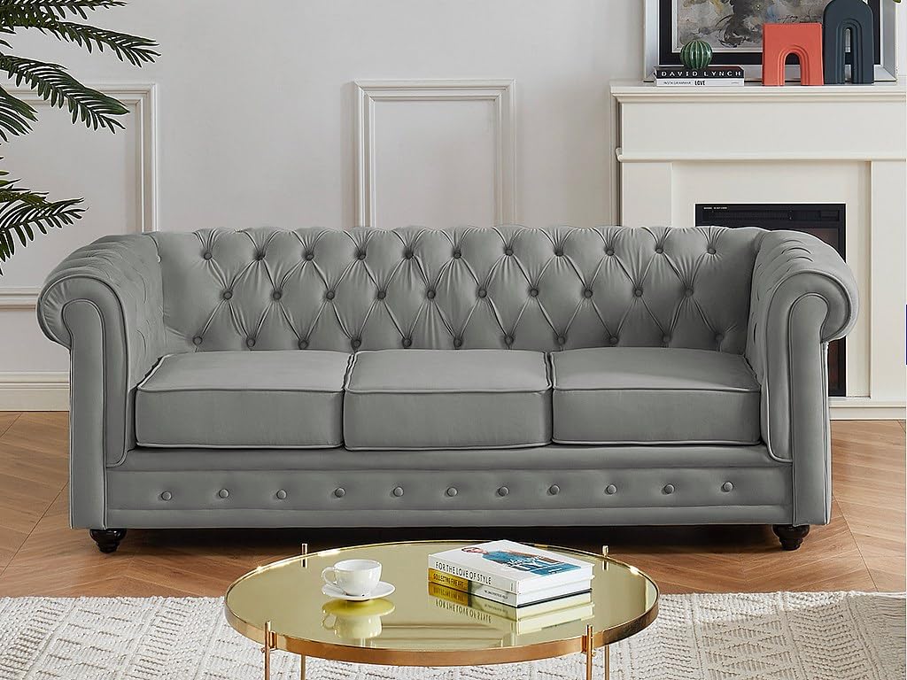 Vente-unique - Sofá Fijo 3 plazas Chesterfield - Terciopelo - Gris Claro | Forma mítica Chesterfield, asiento desenfundable