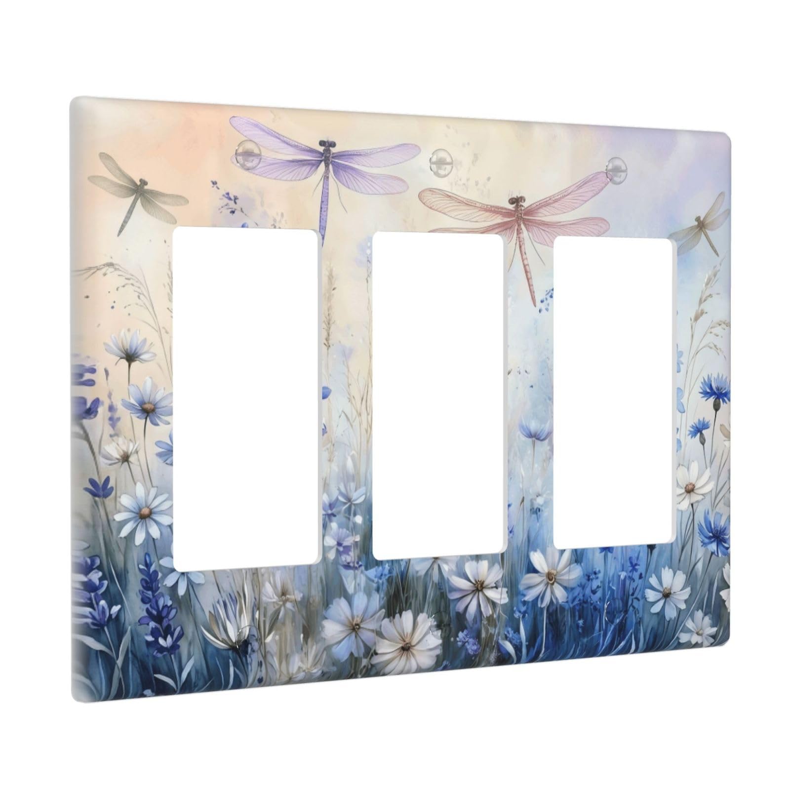 Sghxwp Outlet Covers Watercolor Dragonfly Wildflower Triple Rocker Light Switch Covers Decorative Pastel Lavender Blue Floral 3-Gang Wall Plate Electrical Switchplate Faceplate for Country Home Decor