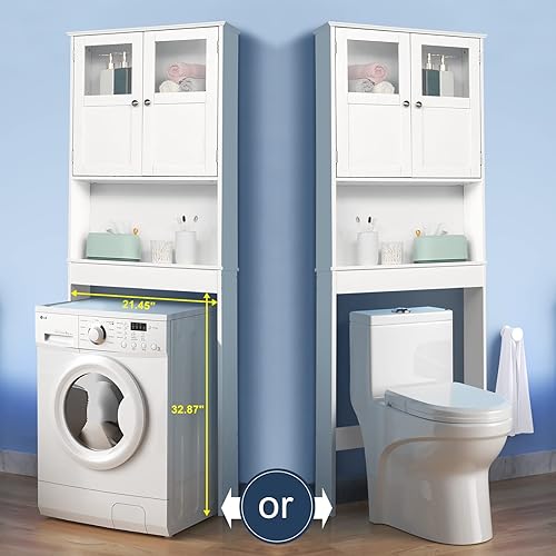 Miniatura 3 de Bonnlo Armario de almacenamiento sobre el inodoro con estante ajustable, organizador de suelo de baño blanco, ahorro de espacio con puertas dobles,