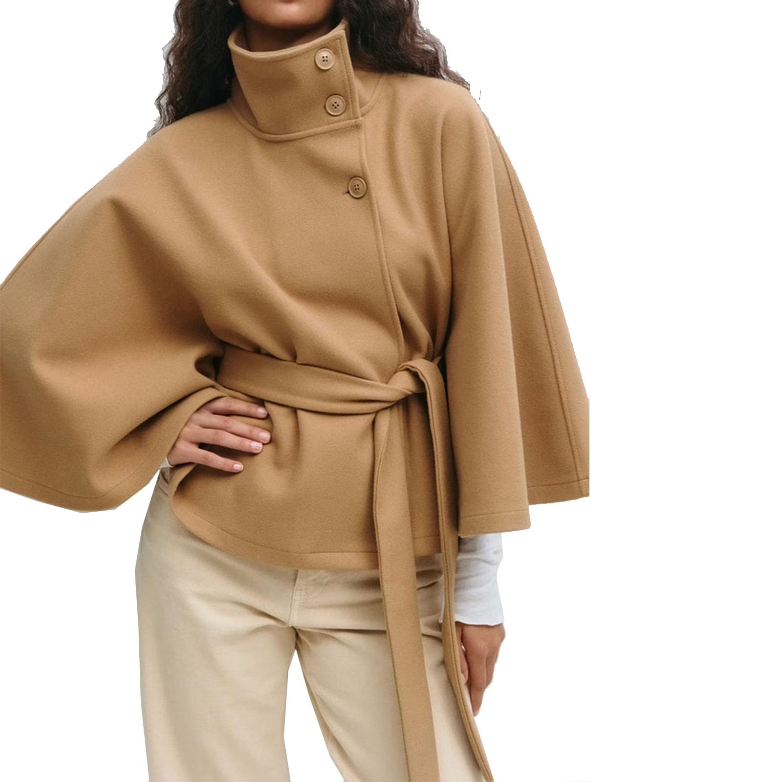 2026 nouveau poncho à manches chauve-souris pour femmes, ceinture châle en laine automne et hiver col montant cape ceinturée cape manteaux en laine