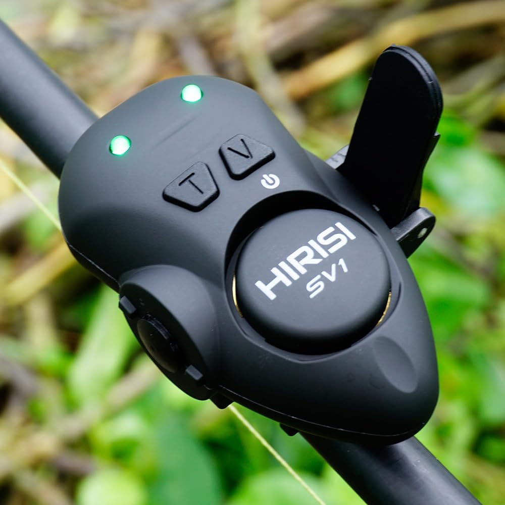 Hirisi Tackle Karpfen-Bissanzeiger mit Fernbedienung – Angelalarm für die Rute mit Einstellbarer Lautstärke und Signalton – Kompakt, leicht & wasserdicht Vibrations-Bissanzeiger für Angelruten