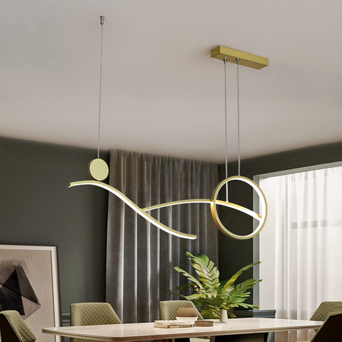 Bellastein LED Dining Table Pendant Lamp with Remote Control Dimmable Chandelier Modern Linear Pendant Lamp Height Adjustable 48W Creative Ceiling Lamp for Living Room, Dining Room (Gold, C)