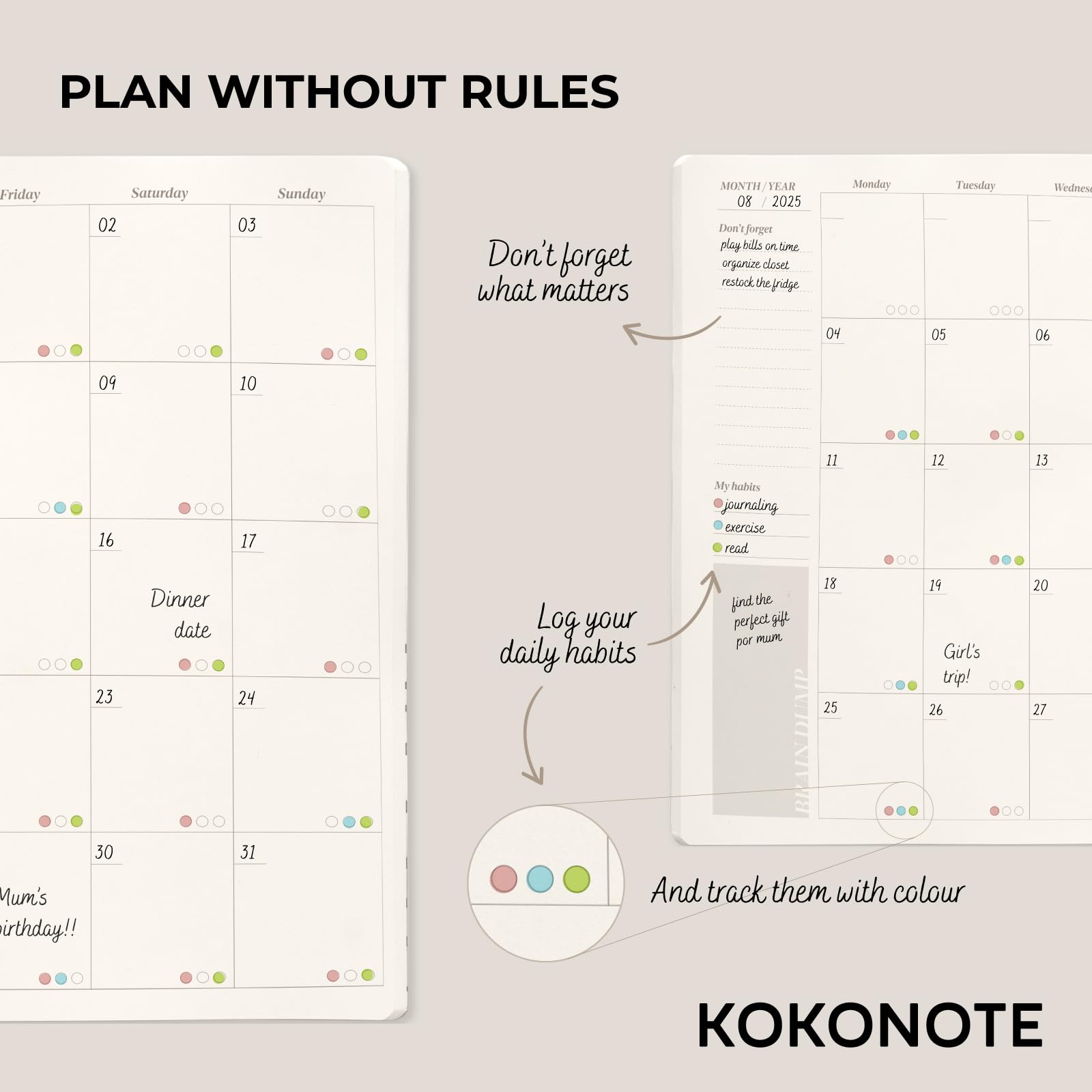 Kokonote Undated Planner - Matcha Latte Monthly Planner With 24 Months & Notes | University Essentials, Work From Home Essentials, Work Diary, Perpetual Calendar Book - Image 4