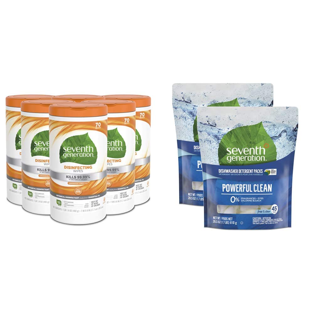 Seventh Generation Disinfecting Multi Surface Wipes Botanical Disinfectant 70 Count Pack of 6 Fragrance Free Dishwasher Detergent Pack