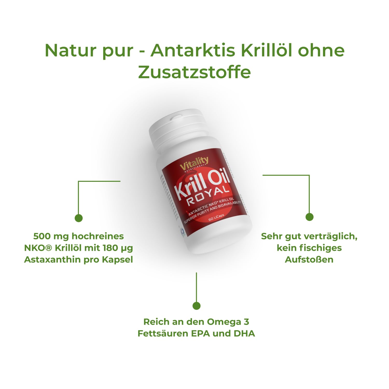 Omega 3 Kapseln Hochdosiert aus Krill Öl mit DHA + EPA + Astaxanthin (60 Stk), Krill aus nachhaltigem Wildfang, Krill Öl Hochdosiert, Krillöl Royal Vitality Nutritionals by VitaminExpress