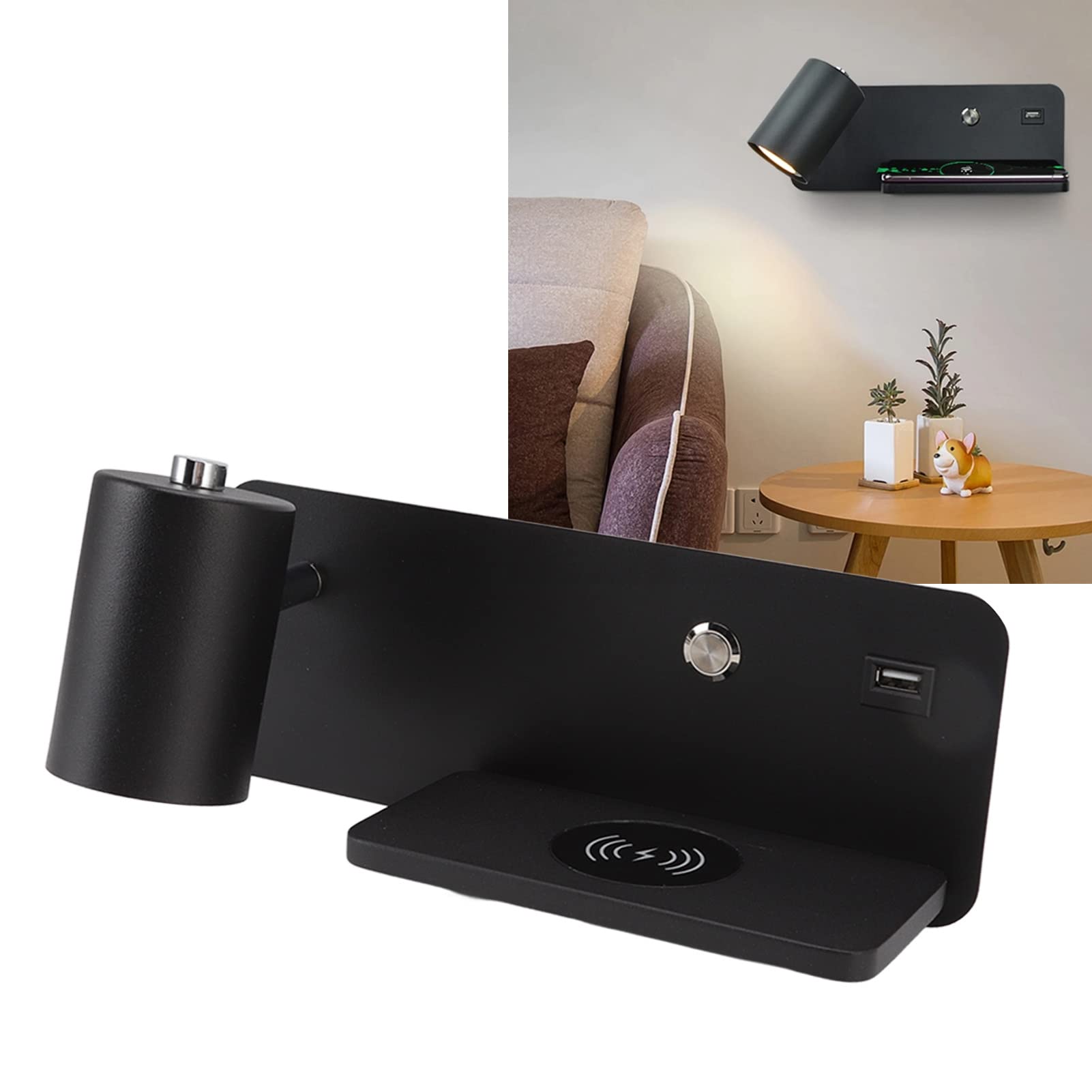 Kinkiet ścienny, 330° Plus 150° Regulowany Kinkiet USB do ładowania Bezprzewodowego Prosty Stylowy Kinkiet LED z płaską półką ładującą do Sypialni, Biura, Przy łóżku (Czarna Lewica)
