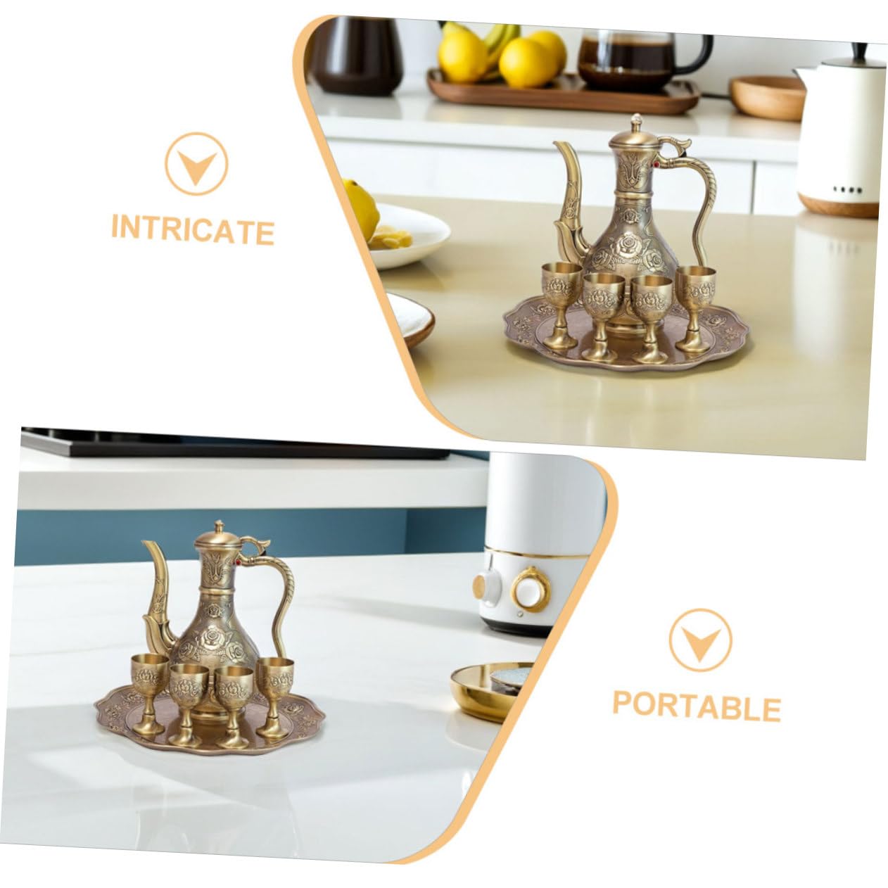 Set Bicchieri da Liquore Vintage in Lega di Zinco Oro | Caraffa e Vassoio Inclusi, Design Elegante Retrò, per Bar Professionali ed Eventi Raffinati
