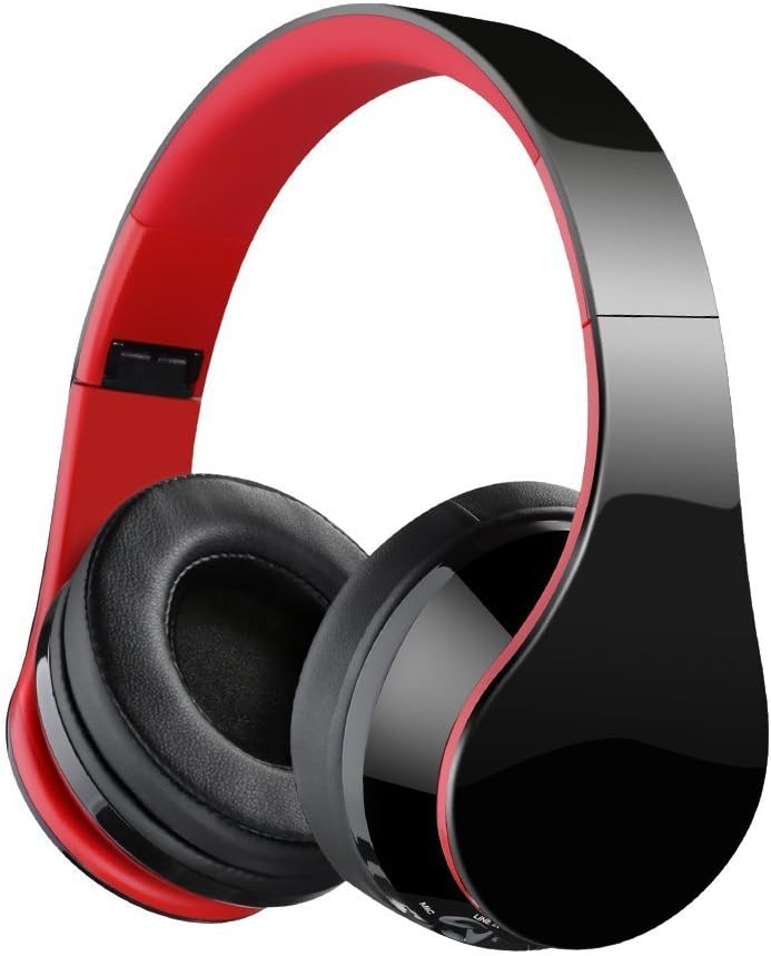 Bluetooth Headphones, Jiebleum Rechargeable Hi-Fi Stereo Foldable Wireless Headphones, Wireless and Wired Mode Over Ear Headphones Support Hands-Free Calling for PC/Cell Phones/TV - Red