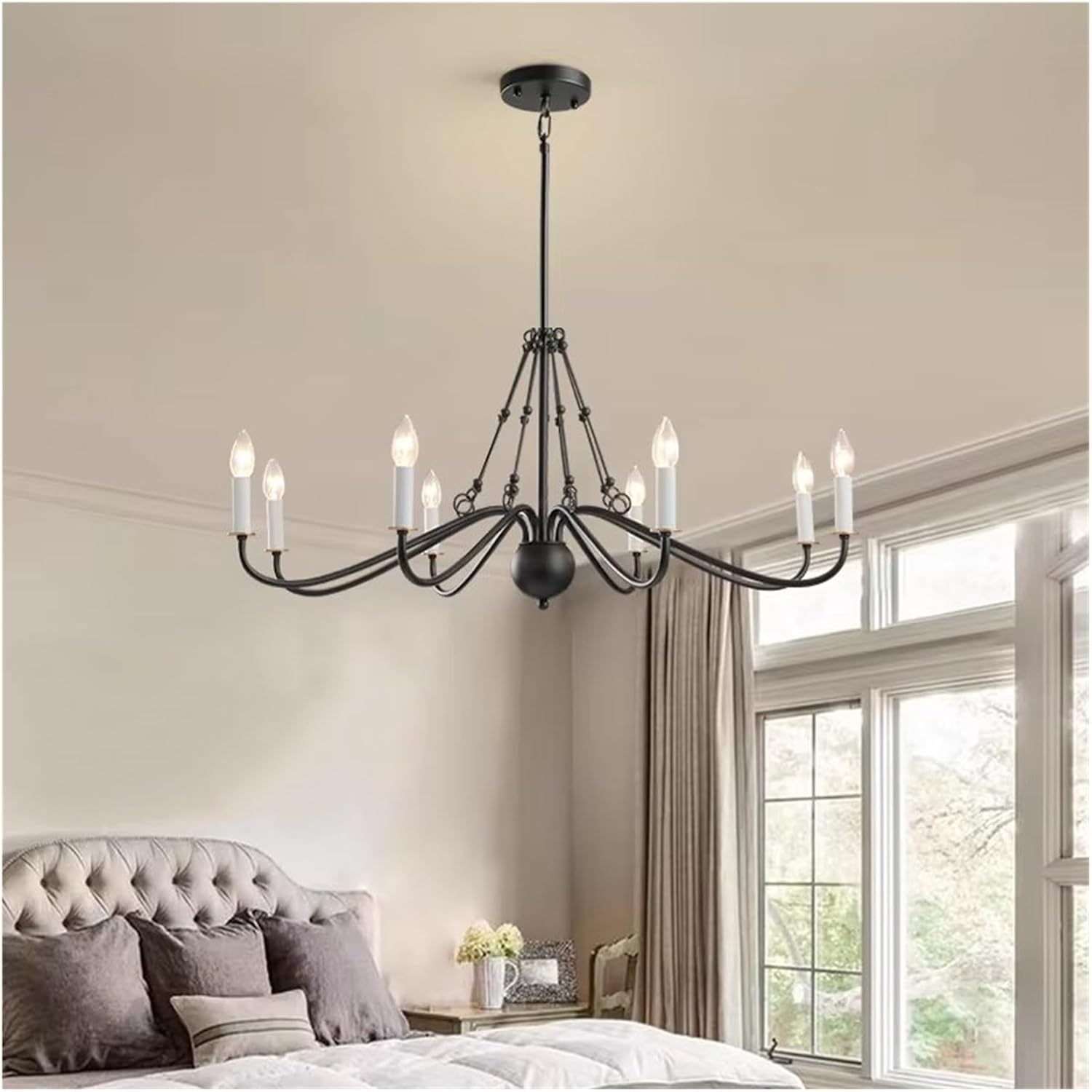 American Farmhouse Iron Black Chandelier Simple 8-Light Candle Chandelier Ceiling Hanging Lighting,for Decoration