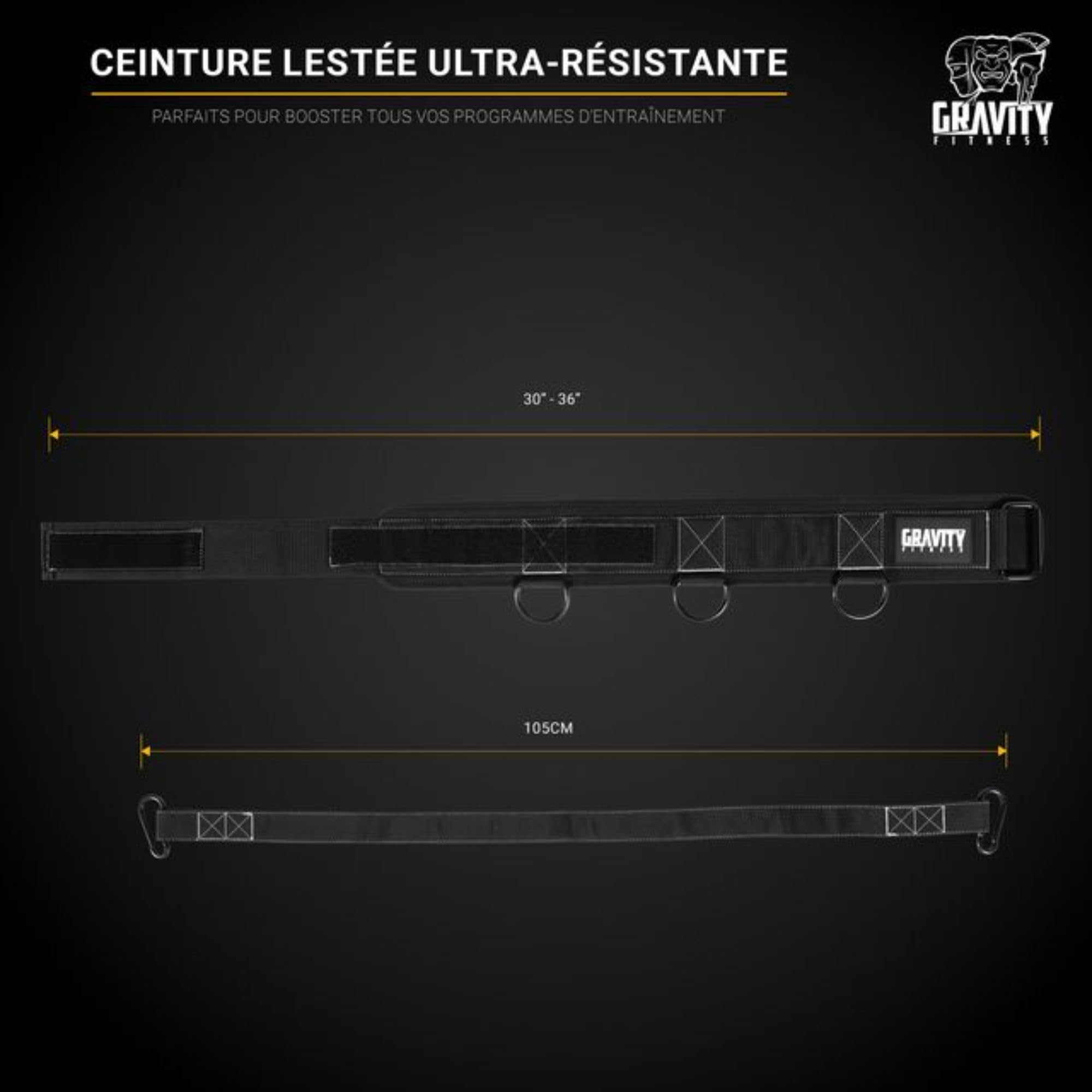 Gravity Fitness Ceinture d'entraînement 4 en 1 très résistante en Nylon Noir 76.2 cm à 91.4 cm