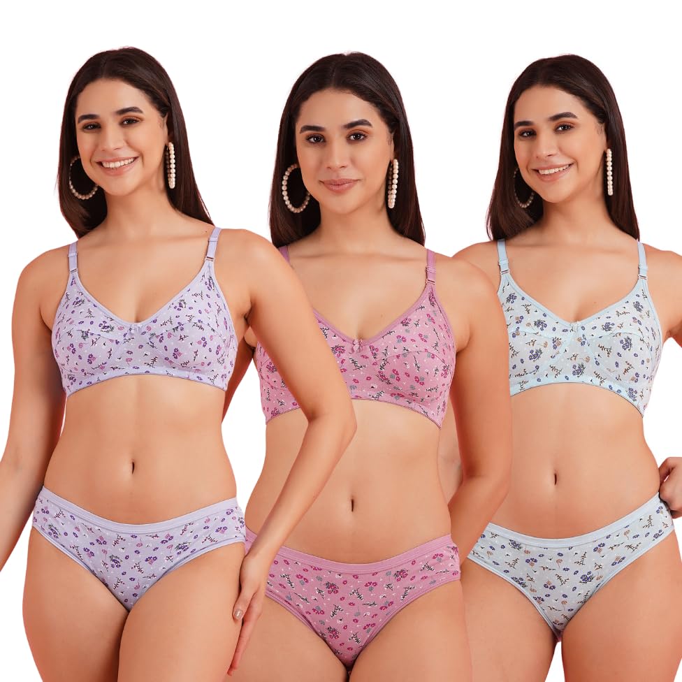 Women Full Coverage Non Padded Wirefree Pure Cotton Multicolor Floral Print Bra penty Set 3 Pack Combo
