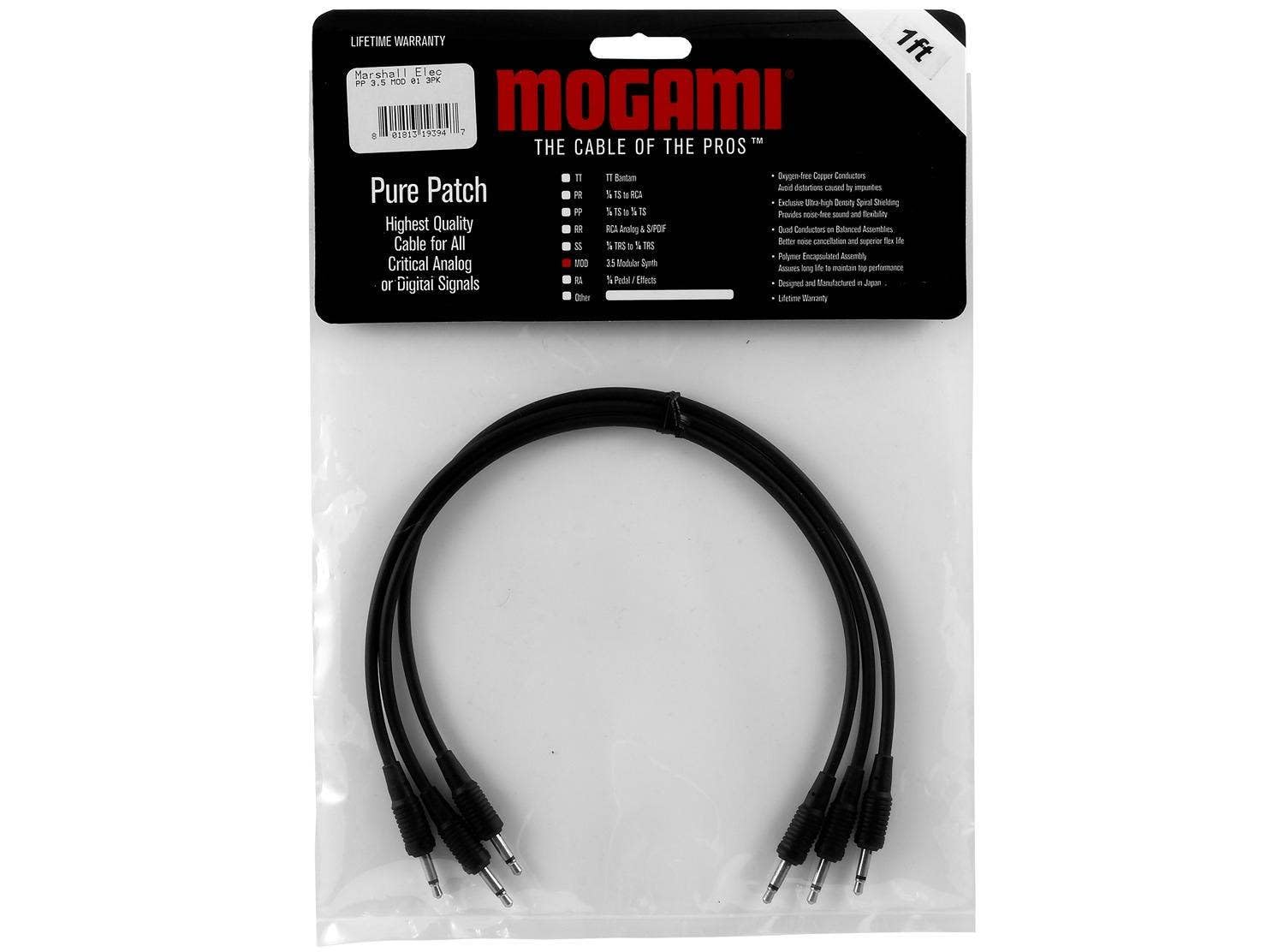Mogami Pure Patch Modular Synth VC Cables, 3 Pack 1ft
