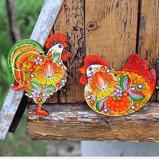 Wooden Christmas Decorations Chicken and Rooster Set Hand Painted on both sides 9,5 x 9 x 0,5 cm Handmade Bird Christmas Ornaments Folk Ukrainian Traditional Petrykivka Handicraft (Natural wood)