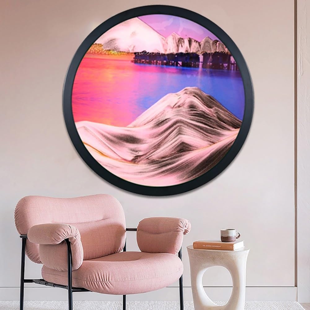 3D Dynamic Sand Art Liquid Motion, Round Glass,Moving Sand Art Picture Sandscapes In Motion Round Glass 3D Deep Sea Sandscape In Motion Display Flowing Sand Frame Relaxing Desktop Home Office ( Color
