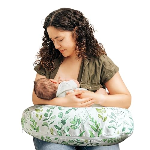 Boppy Almohada de lactancia – Botella ergonómica y almohada de lactancia materna con cojín alto, firme y grande, repelente al agua con funda Hoja de