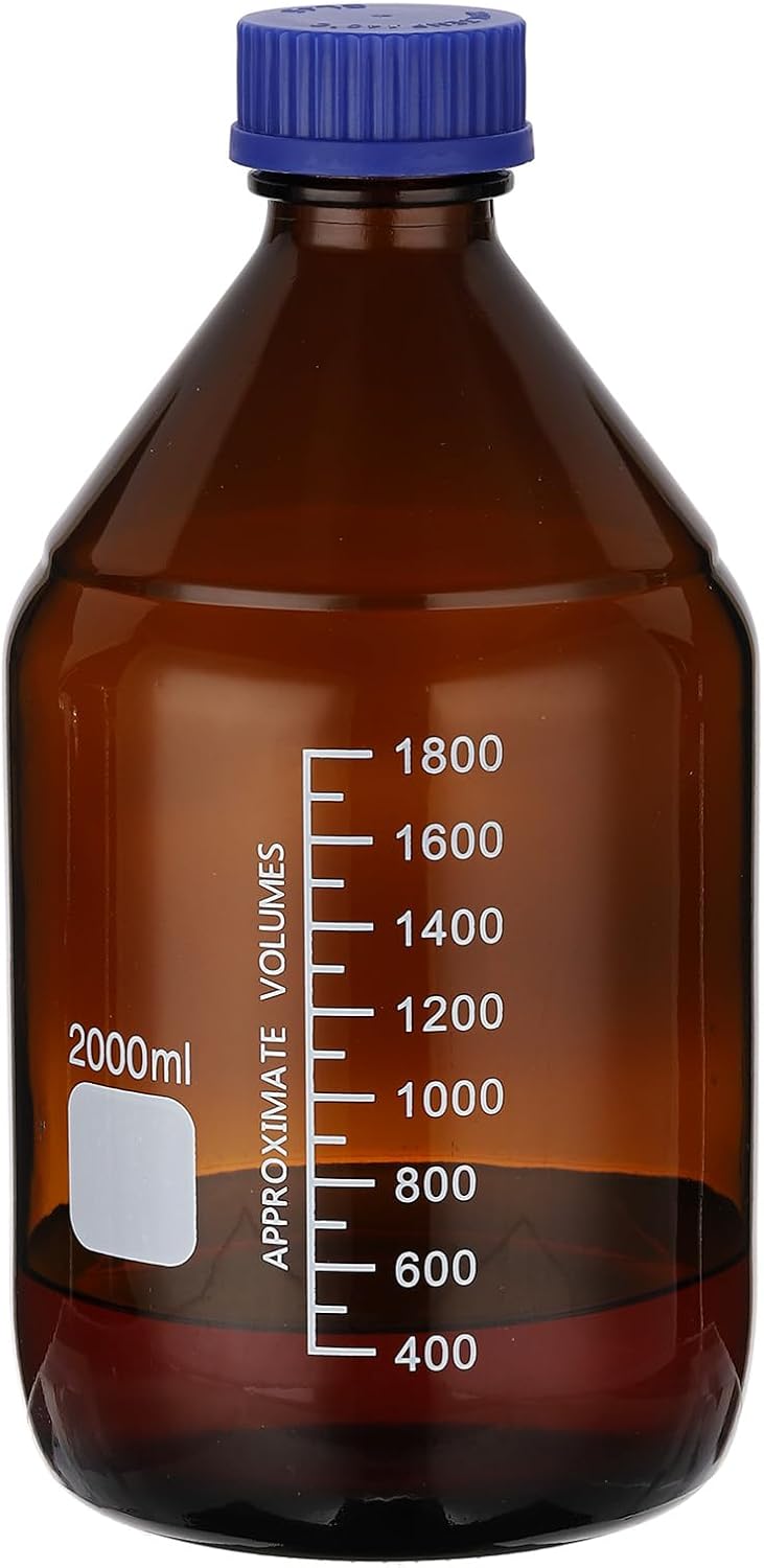 PATIKIL 1 Pack Reagent Media Storage Bottles, 2000ml Borosilicate Glass Graduated Round Bottles with GL32 Blue Screw Cap for Lab Water Reagent Liquids, Amber