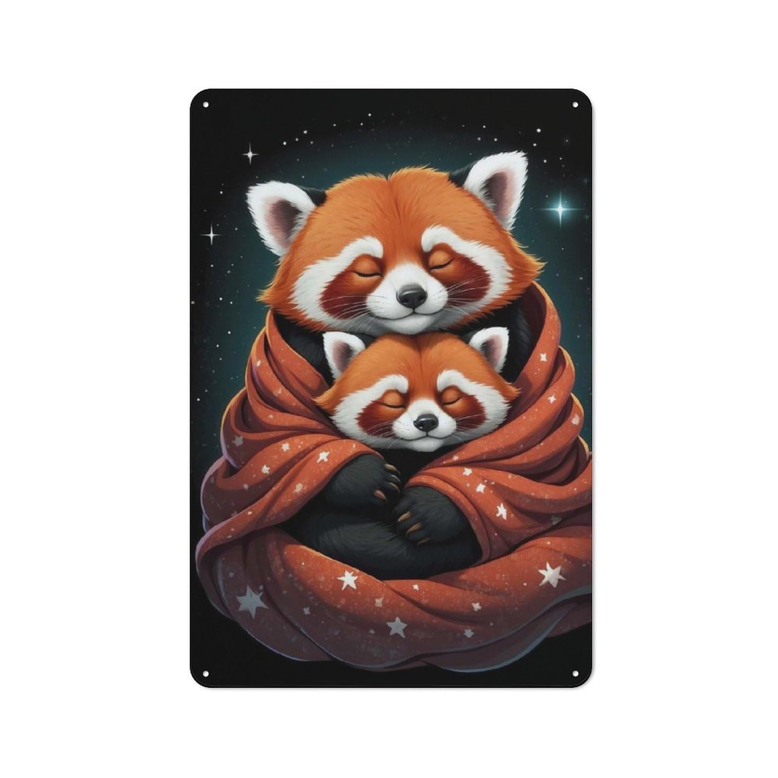 Country Style Red Pandas Snuggled in Star Blanket Decorative Metal Sign 30x20cm, Bistro Wall Plaque for Restaurant, Kitchen, Counter Or Breakfast Nook