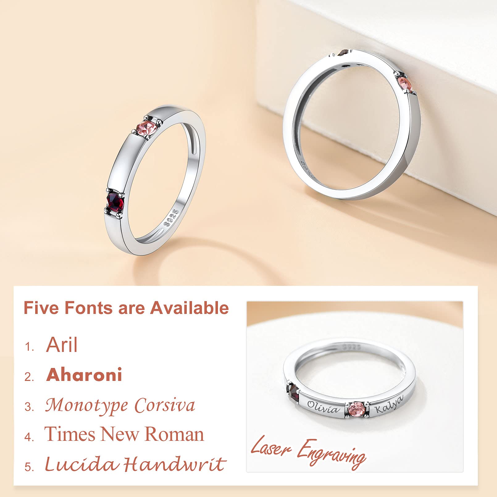 Custom4U Personalizado Anillo Fino de Compromiso Plata de Ley 925 con 1/2/3/4 Piedras de Cumpleaños y Nombres Grabados Joyería Delicado de Promesa y Día Valentín Regalo para Parejas Talla 5-11