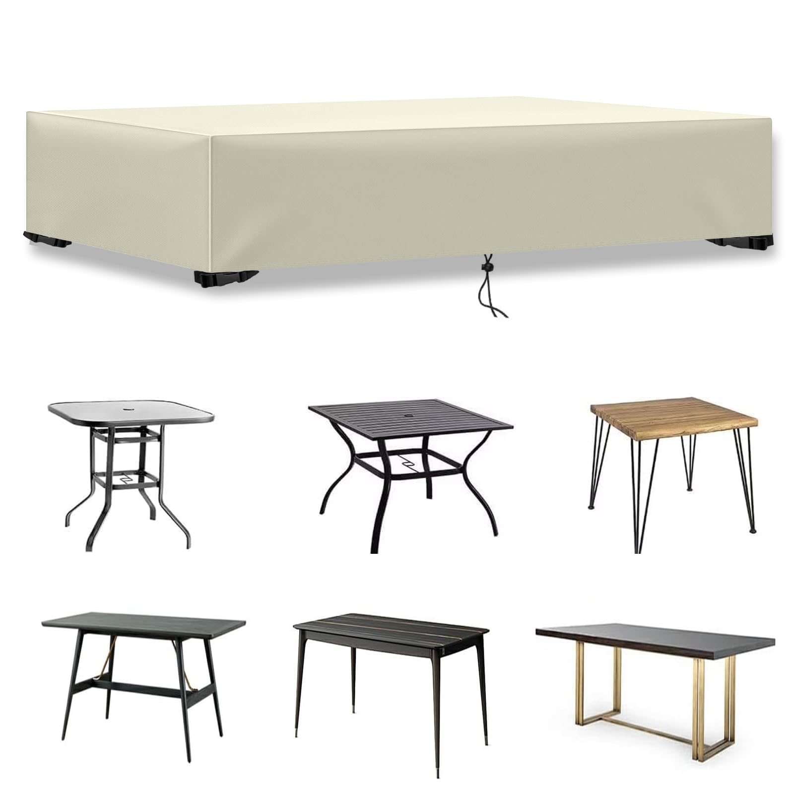 Garden Table Covers Waterproof, 420D Oxford Fabric Outdoor Patio Coffee Side Table Cover, Windproof, Anti-lost, UV Protection, Easy to Clean, Rectangular Beige,300x140x20cm