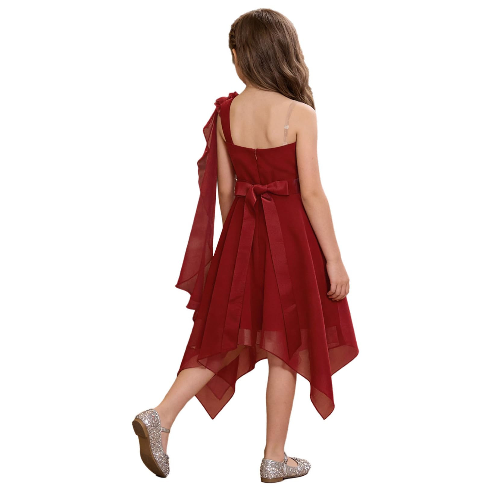 Freebily Vestito da Festa Cerimonia Matrimonio Damigella Bambine Ragazze Monospalla Elegante Abito da Sposa Comunione Battesimo Chiffon Vestito da Principessa Orlo Asimmetrico