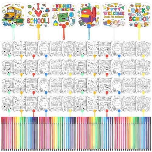 Seeloowy 54ピース 新学期 DIY ぬりえファン 手持ちセット 空白の手作りアートファン 72本の水彩ペン付き 落書き作成ギフト 教室での活動 サマーキャンプ活動 パーティーギフト