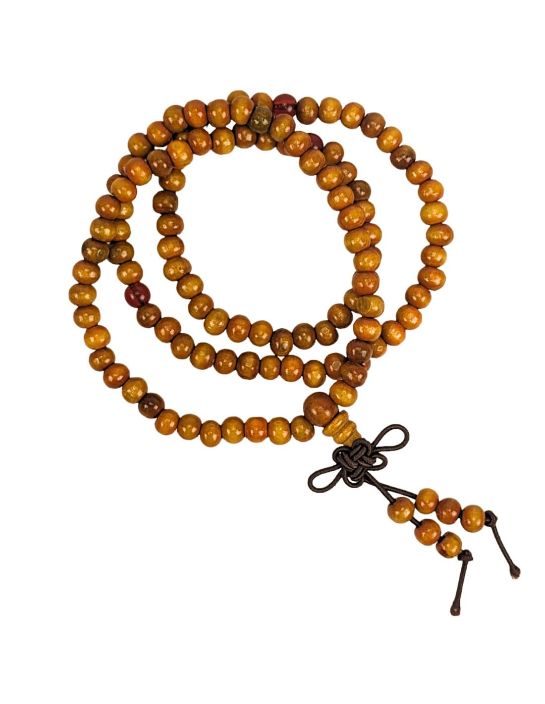 Coco Papaya Bracelet Tibétain, Mala en perles de bois 6mm + noeud sans fin. Coloris camel