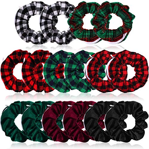 16 Pieces Christmas Velvet Pocket Hair Scrunchies Hidden Pocket Elastic Hair Ties Plaid Print Hair Bands with Zipper Pocket for Women Girls Hair Accessories