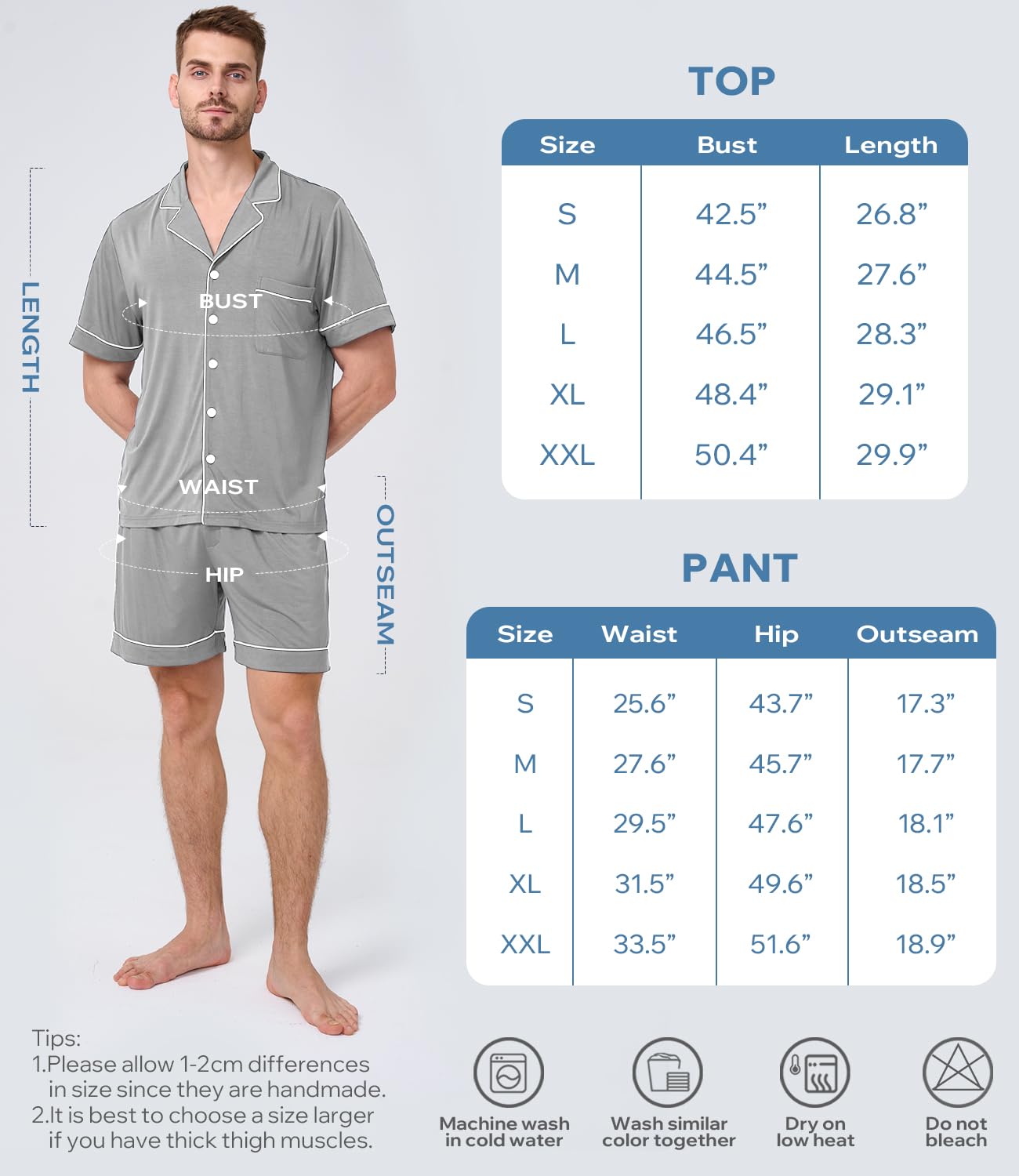 BAMBOO COOL Conjunto de pijama para hombre, pijama refrescante de verano con botones, camisas de manga corta, pijama ligero con bolsillos