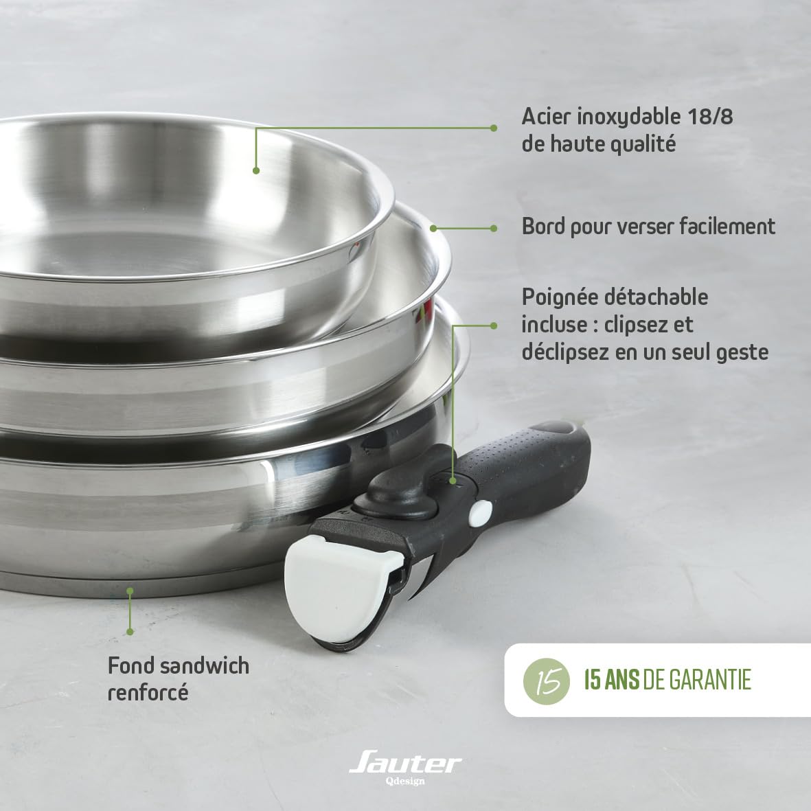 Qdesign - Batterie de Cuisine à Induction 10 Pièces - Set de 3 Casseroles, 3 Poêles et 3 Couvercles Passoires avec Poignée Amovible - Acier Inoxydable - Lot pour Tout Feu - Argenté