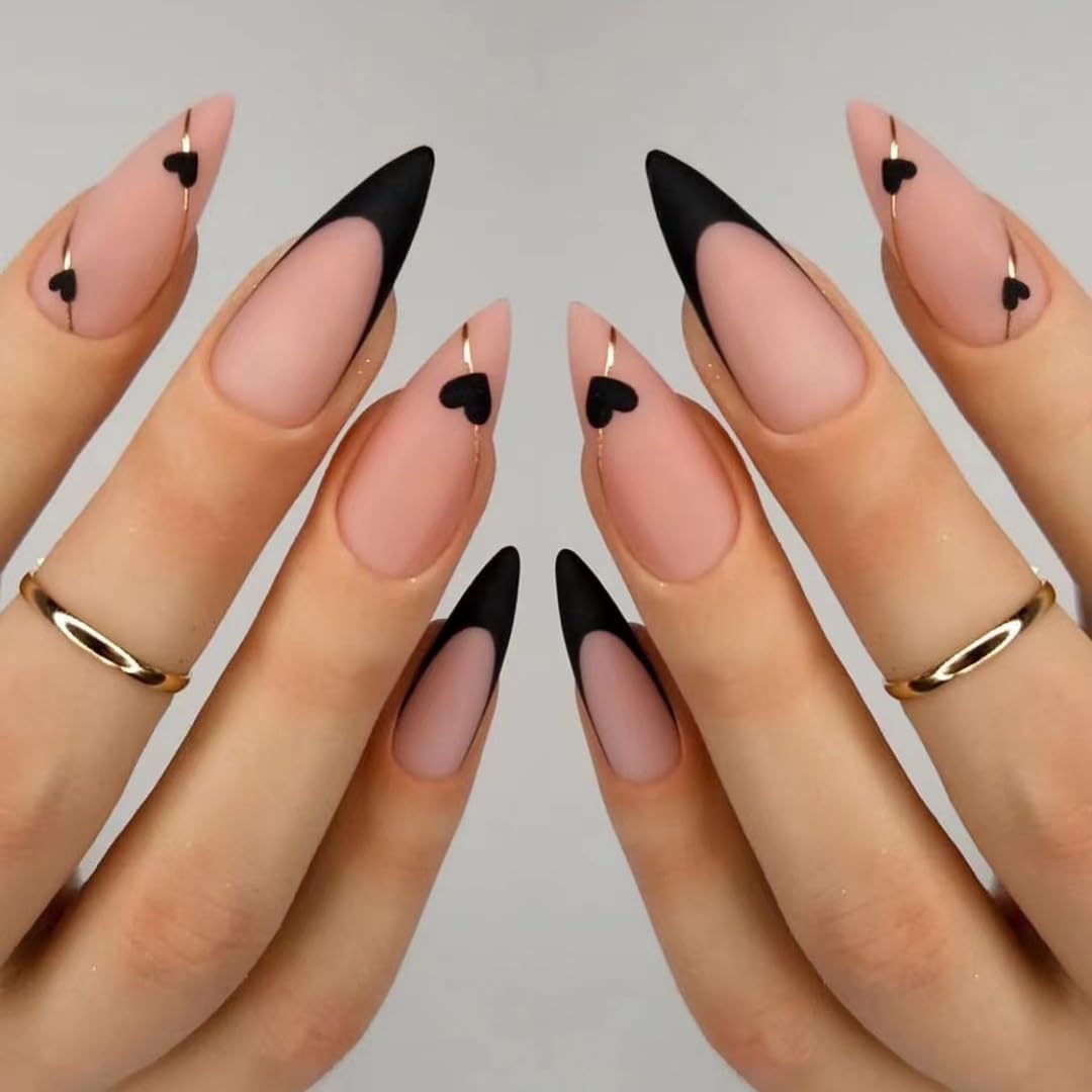 24PCS Long False Nails with Glue Stickers,Almond Full Cover Acrylic Nails Press on Nails no Glue,Black Edge Love French Fake Nails Stick on Nails for Women and Girls Nail Art.