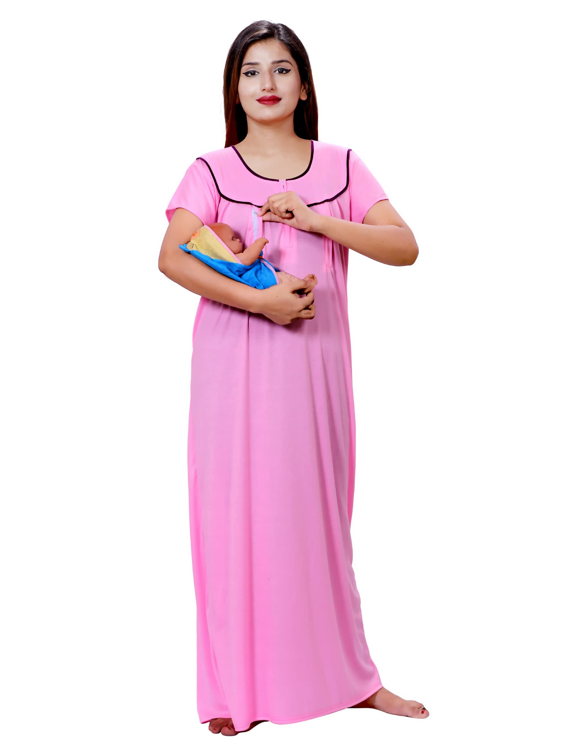 Women's Hosiery Cotton, Nursing, Feeding, Maternity Nighty - Zip Opening at Bust - Before and After Baby Multipurpose Night Dress (Article No:WSR-189)-image-9