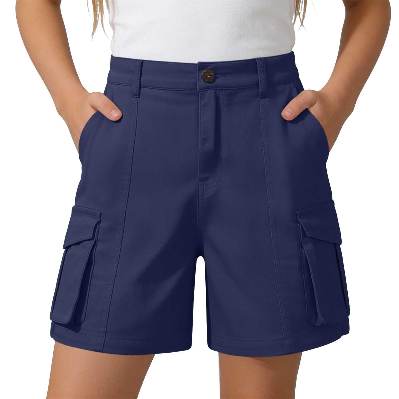 Generisch Kurze Hose Mädchen Sommer Bermuda Cargo Shorts Hohe Taille Cargoshorts mit Elastischem Bund und Taschen Wandershorts Einfarbige Knöpfen Stoffshorts Stretch Casual Cargohose Outdoor Golfhose