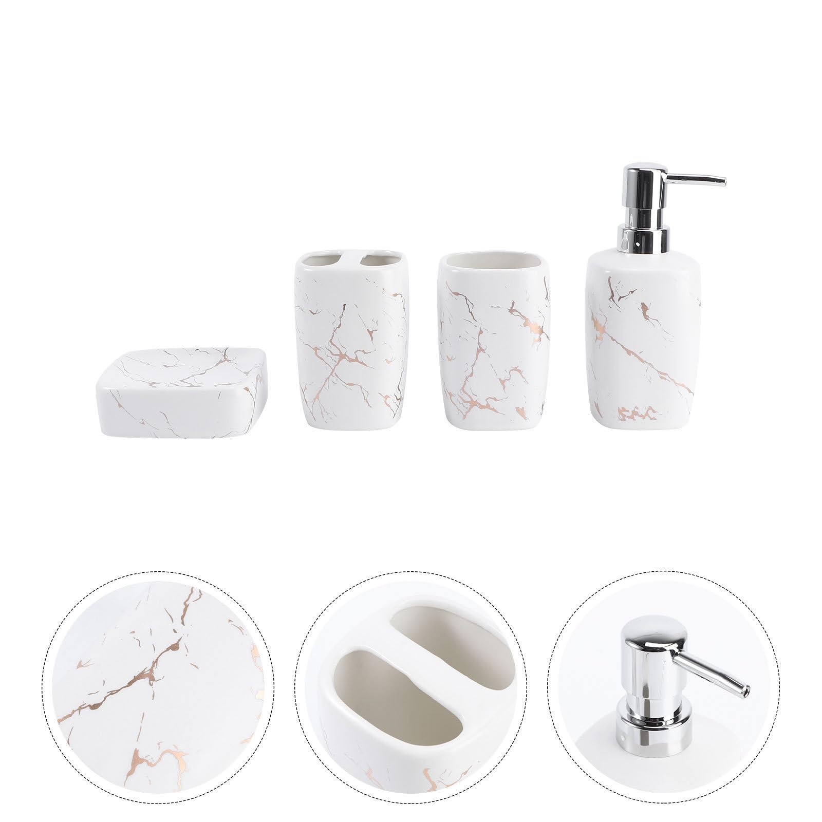 Housoutil Set Accessori Bagno in Ceramica Bianca 4 Pezzi Porta Saponi, Bottiglia Lozione 350ml e Bicchiere per Risciacquo 350ml per Uso Domestico, Superficie Liscia e Design Elegante
