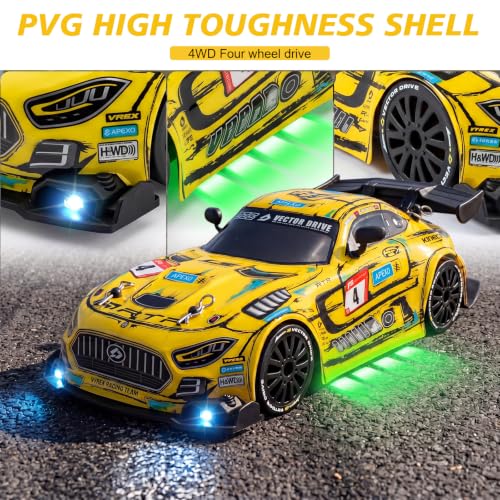 Image of RC Drift Car,1:24 4WD High Speed Electric Remote Control Car with LED Lights,Drifting Tires,2 Batteries,Dual Mode Tires,Hobby Racing Toy Car for Adults & Kids (3-Yellow)