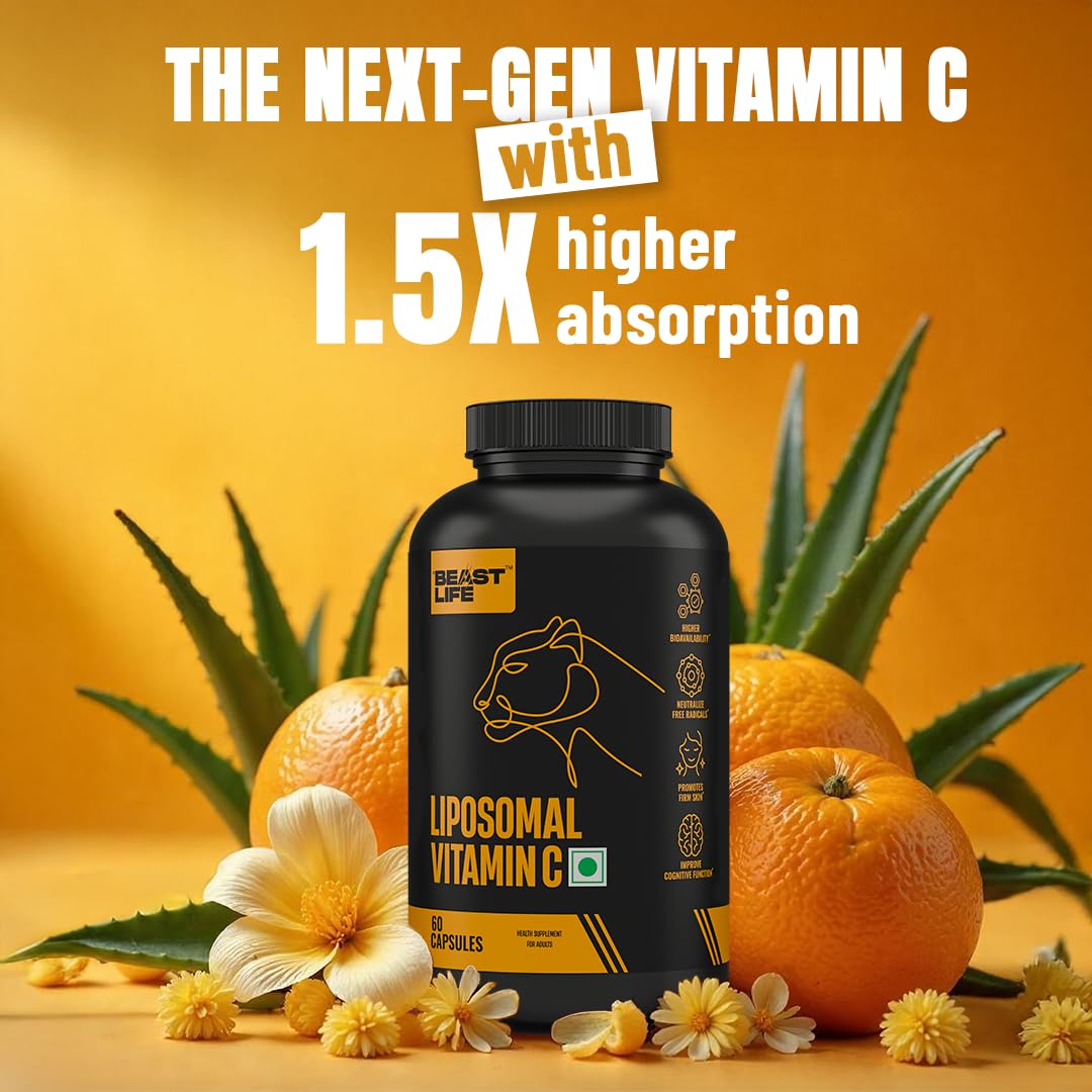 BeastLife Liposomal Vitamin C | Higher bioavailability | Neutralizes free radicals | Promotes firm skin Health | Improve cognitive function Immunity Support– Fast Absorption & Bioavailability | 60 Capsules 1