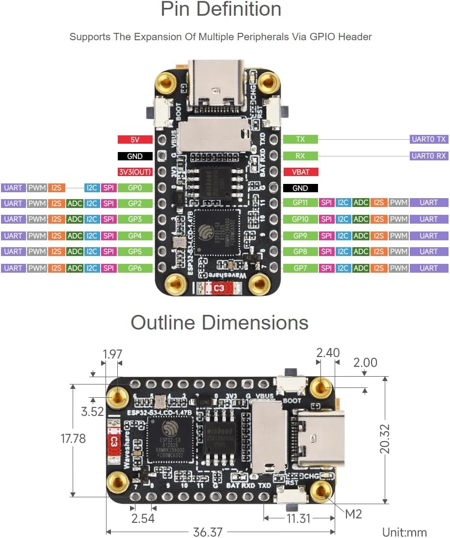 waveshare ESP32-S3 1.47inch LCD Display Development Board Type B 172×320 Resolution 262K Display Color Display Supports 2.4GHz Wi-Fi and BLE 5