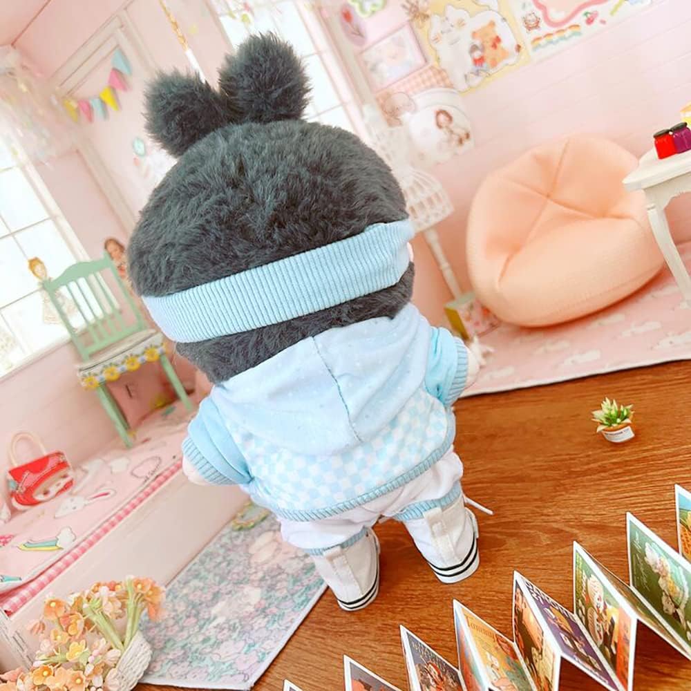 niannyyhouse 20cm Plush Doll Clothes Headband Hoodie Coat Pants Doll Dress Up (Light Blue)