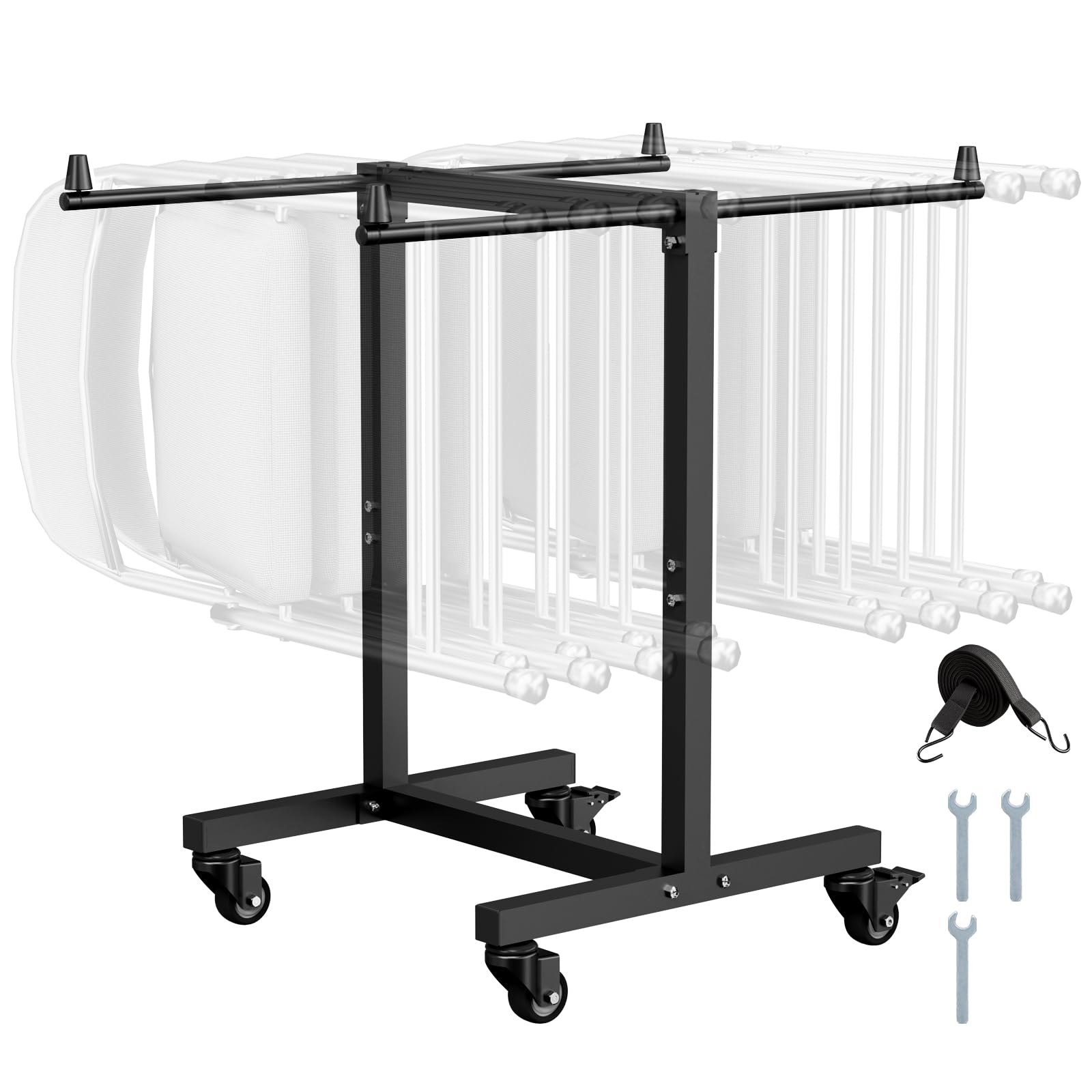 VEVOR Estante para Sillas Plegable, Capacidad de 90 kg, Carrito en Forma de T para 14 sillas, Carrito de Almacenamiento de Metal Resistente con Ruedas de Goma para Fiestas, Eventos, Negro Mate
