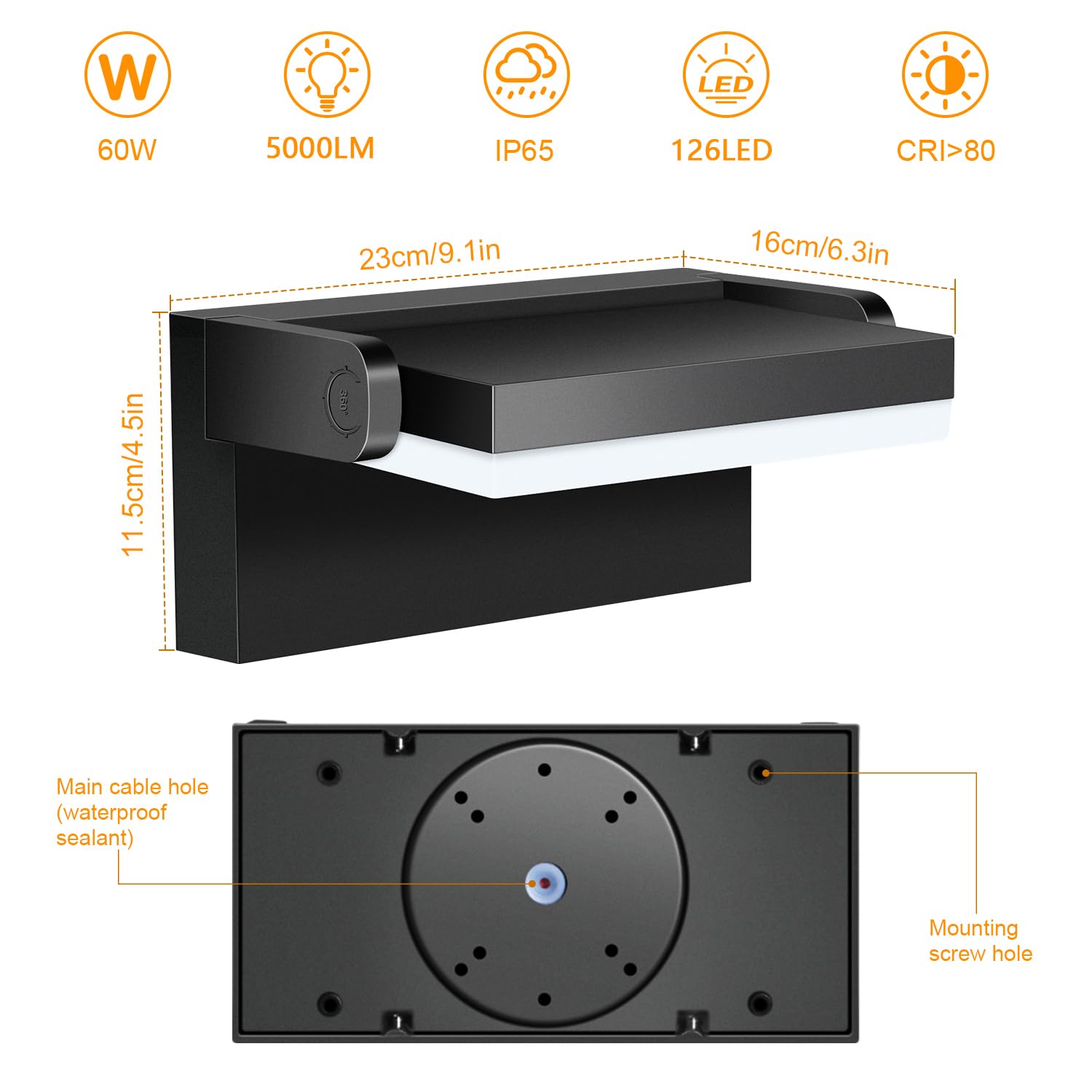 ledmo 60W Applique da Parete Esterno/Interno 360° Lampade da Esterno Regolabile Applique Esterno per Terrazza Corridoio Giardini, Nero, 126 LEDs, 5000 Lumen, Bianco Caldo 3000K, IP65