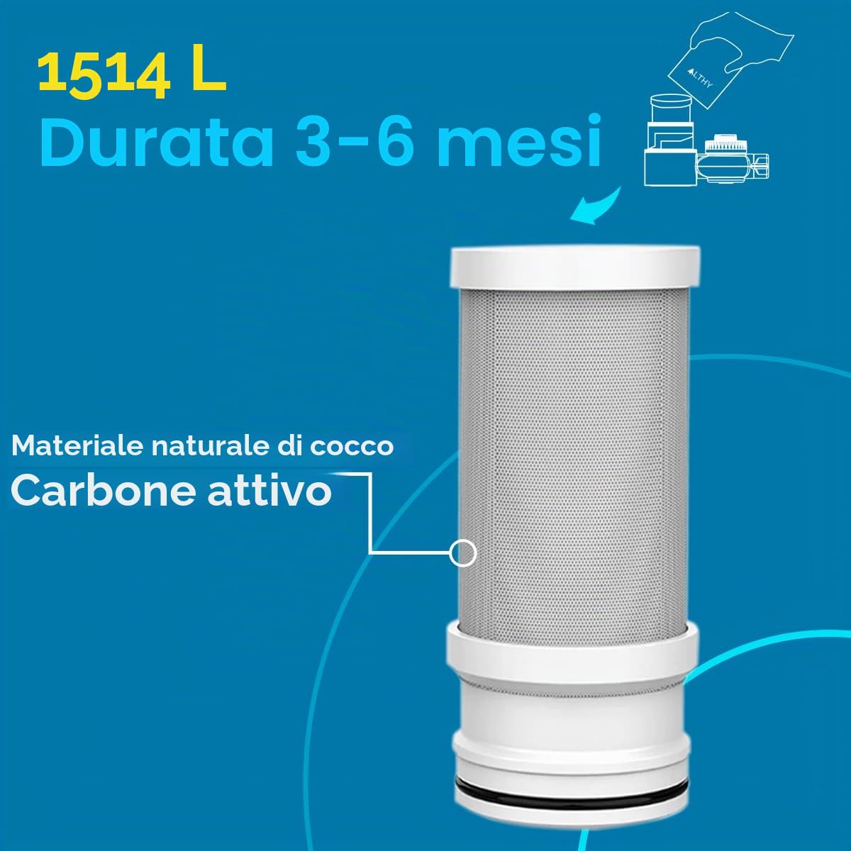 ALTHY T1 Filtro Acqua Rubinetto, Sistema Filtro on Tap Di Filtraggio Con Fibra Di Carbonio Attivo, Senza BPA, Rimuove Cloro, Metalli Pesanti e Cattivo Gusto (4 Filtri Inclusi)