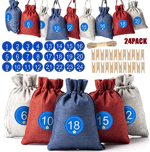 Jutesäckchen Adventskalender, Adventskalender zum Selberfüllen,Säckchen für Adventskalender, Adventskalender zum Befüllen Jutesack, Jute Säckchen 24 Stück (B) Cover