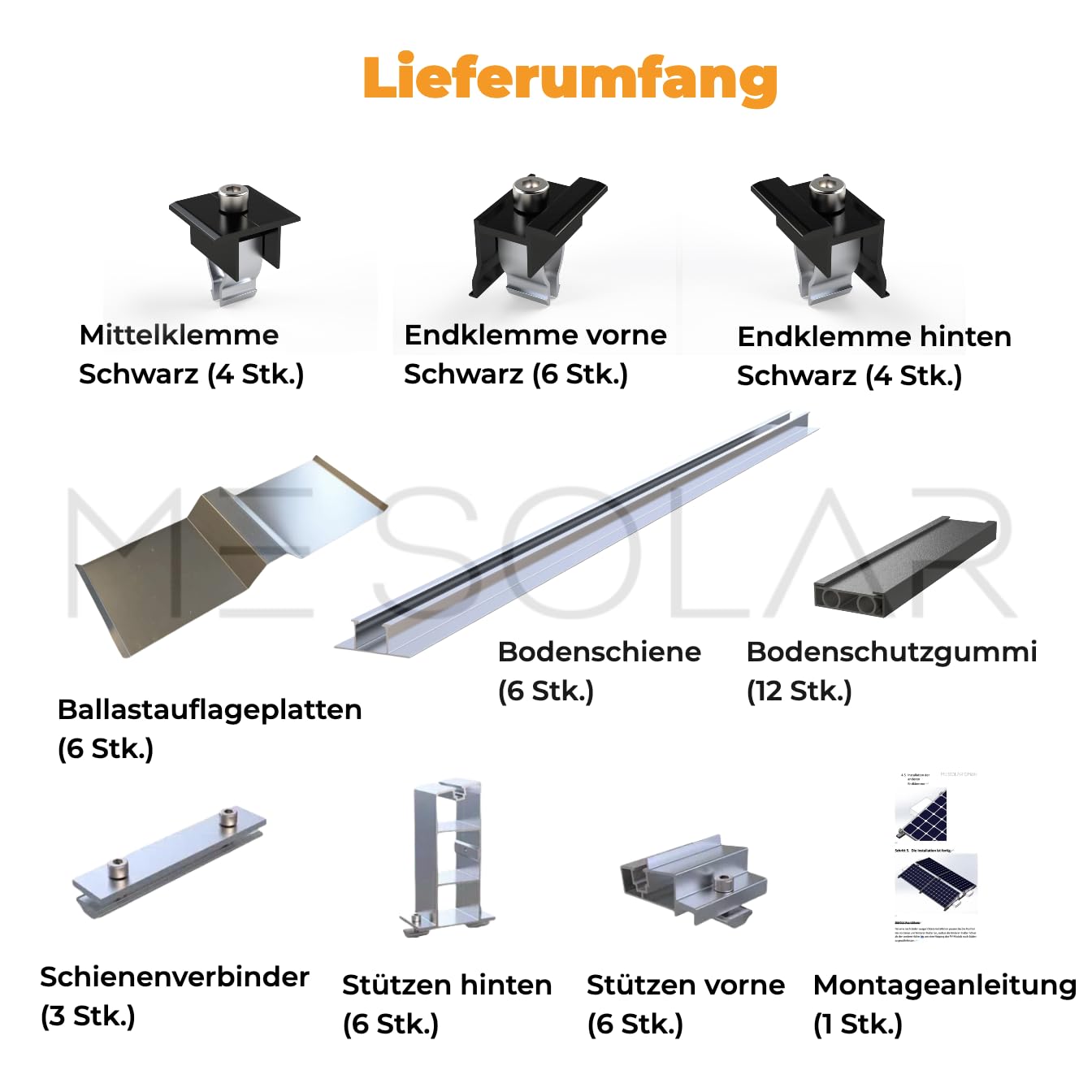 Montage-Set Flachdach 4 PV-Module Ost-West/Süd | Alu Befestigungssystem mit Schienen und Klemmen | 0% MwSt gemäß §12 Abs.3 UStG