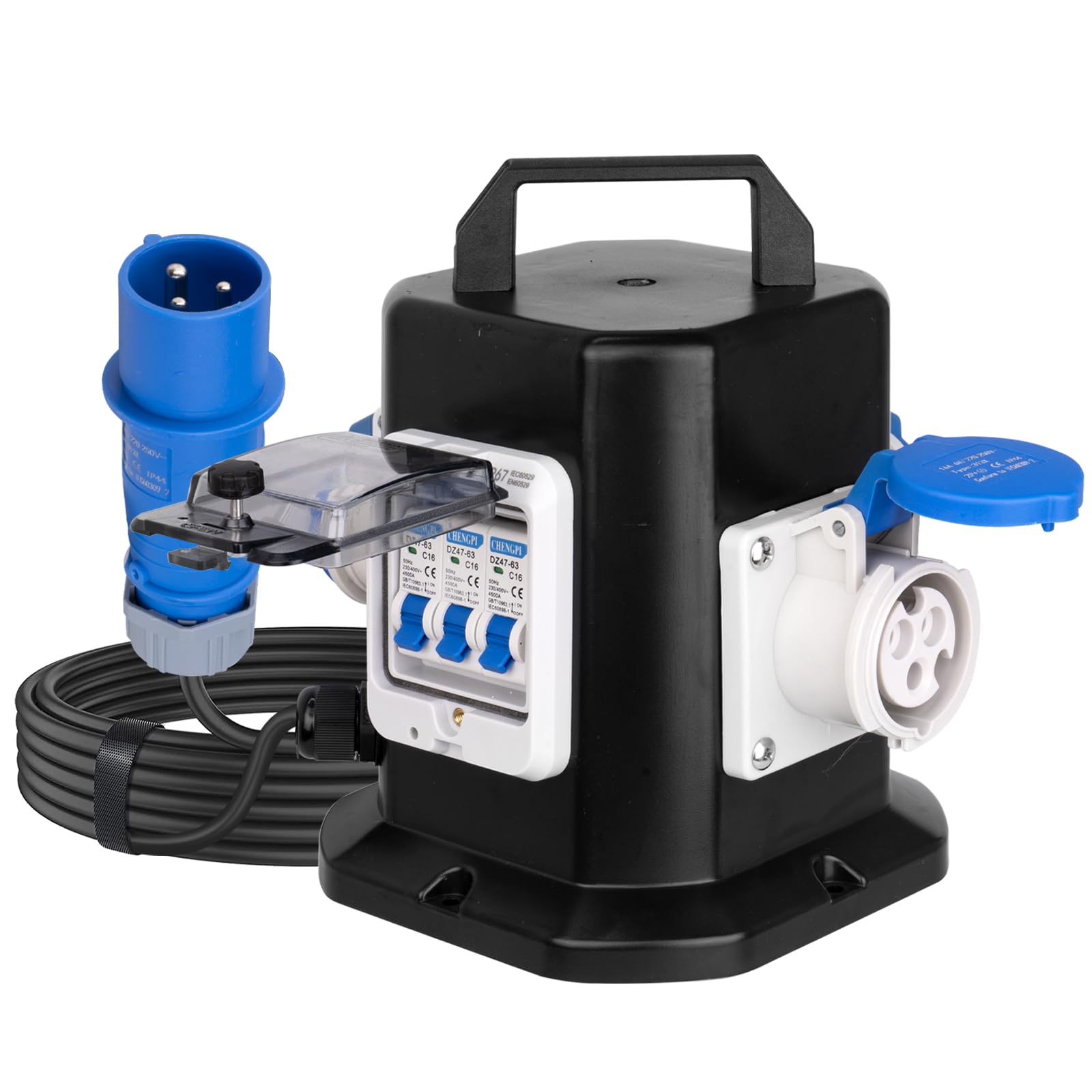 Caja de Distribución Portátil de Superficies de Construcción con Enchufes Schuko de AC 250V/16A, Caja de Distribución Temporal del Sitio de Construcción IP45 con Disyuntor