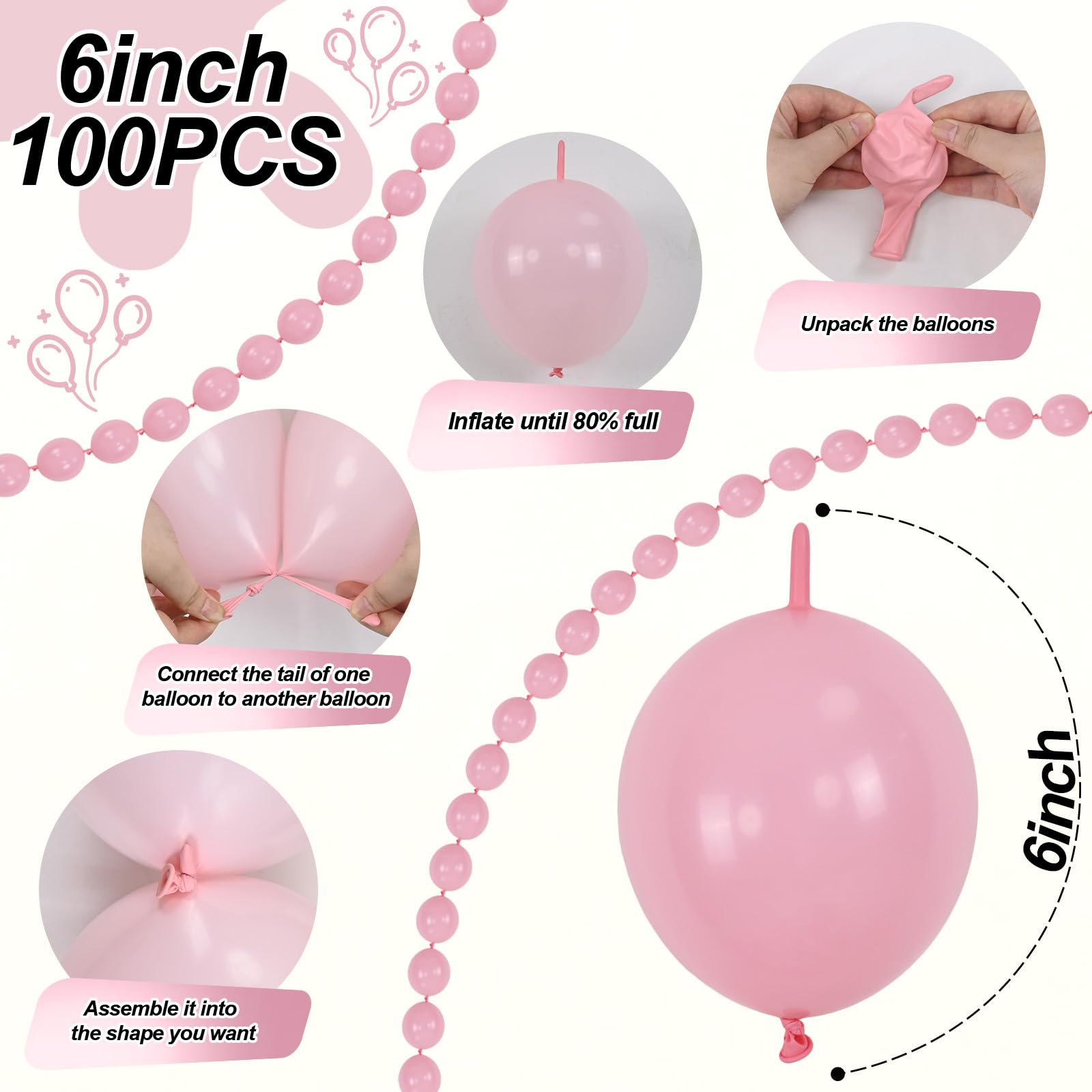 Pastelowe różowe balony z szybkimi ogniwami, 100 szt., 25 cm, różowe balony łączące do tworzenia balonów, ścian, łuku w kształcie serca, balonów dla dziewcząt, na ślub, urodziny, baby shower