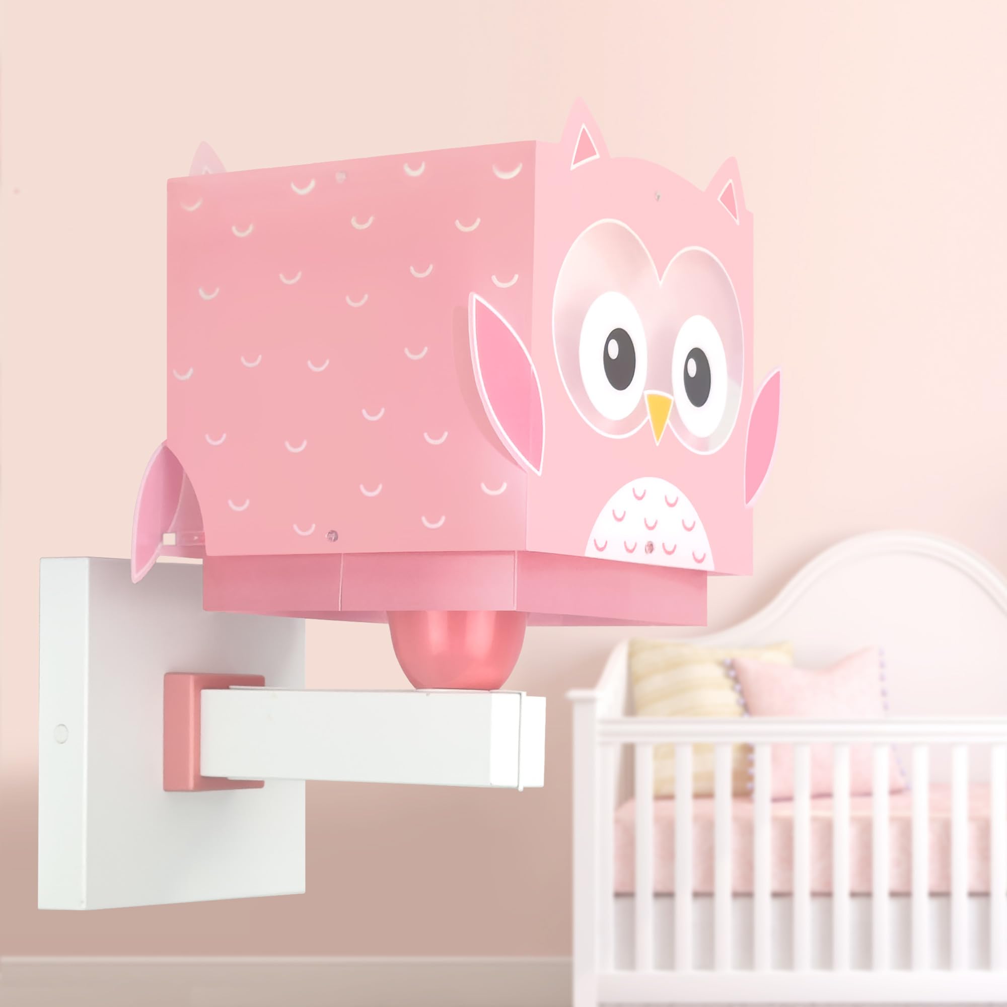 Dalber Lámpara Aplique Pared Infantil Búho Rosa | Lámpara aplique de pared con instalación directa a la corriente o mediante cable con interruptor incluido.