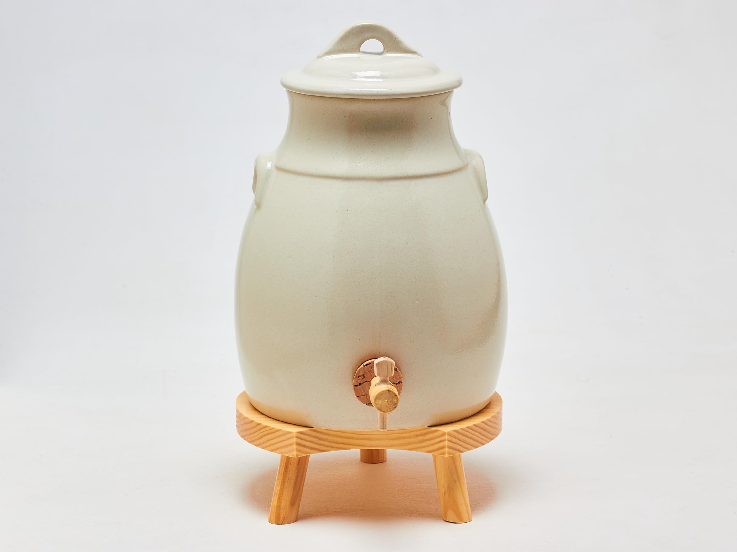 Ardosia Acetiera in Gres Bianco 3,5 L con Rubinetto e Supporto in Legno, per Fare Aceto in Casa, Aceto di Vino, Madre dell’Aceto, Istruzioni Incluse